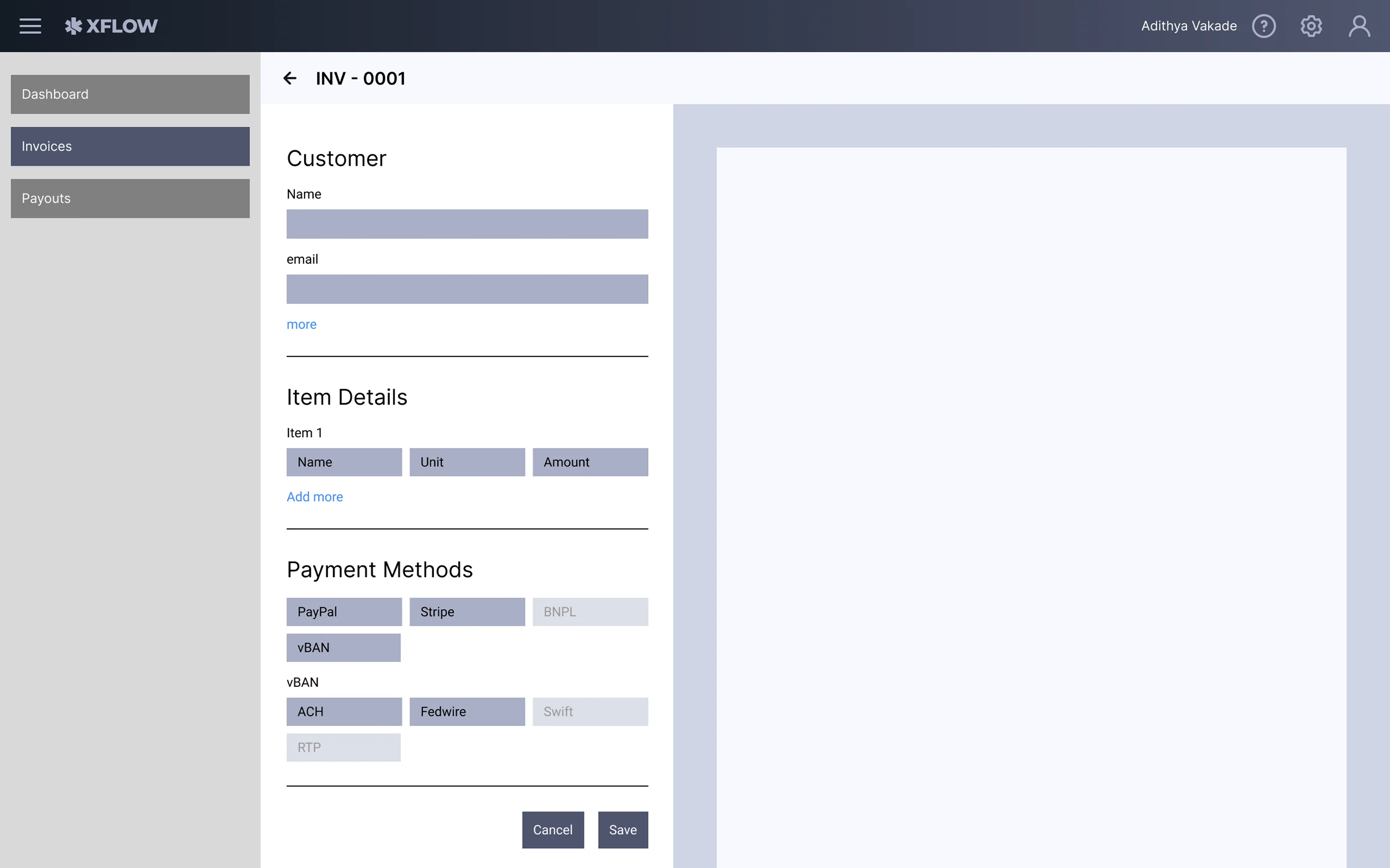 **Form and preview** - Form on left and preview on the right. The invoice generated is 1:1 of the output. Stripe follows a similar approach.
